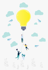 New idea, imagination, innovation metaphor with light bulb. Characters of business people working together on a new project. Colorful Vector Illustration