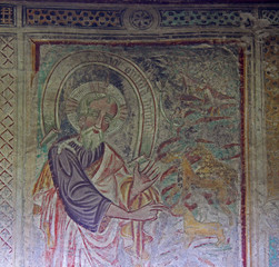 Dio crea gli animali della terra; affresco esterno della chiesa di San Procolo a Naturno