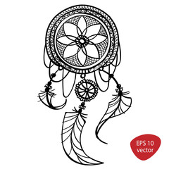 dreamcather frame tattoo mehndi design with feathers coloring . black doodle hand drawn contour outline isolated on white . vector ornament illustration
