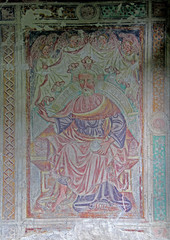 Dio in trono al termine della creazione; affresco esterno della chiesa di San Procolo a Naturno