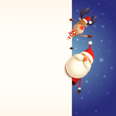 Christmas card template with Santa Claus and Reindeer peeking behind board on blue snowy background