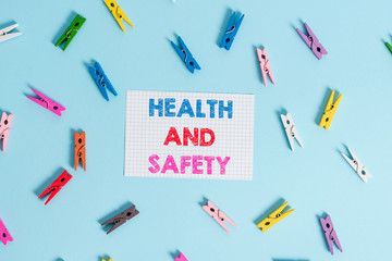Handwriting text writing Health And Safety question. Conceptual photo regulations and procedures intended to prevent accident Colored clothespin rectangle shaped reminder paper light blue background