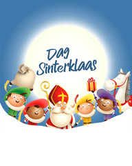 Fototapeta premium Saint Nicholas and his friends celebrate holiday in front of moon - text Dag Sinterklaas - blue background with copy space