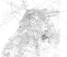 Satellite map of Lahore, it is the capital of the Pakistani province of Punjab. Map of streets and buildings of the town center. Pakistan. Asia