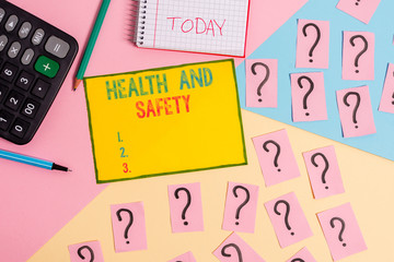 Word writing text Health And Safety question. Business photo showcasing regulations and procedures intended to prevent accident Mathematics stuff and writing equipment above pastel colours background