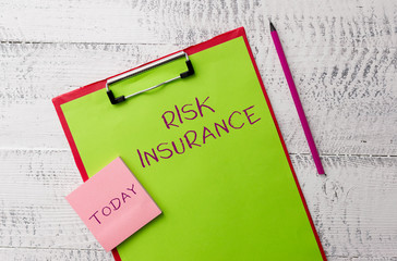 Word writing text Risk Insurance. Business photo showcasing The possibility of Loss Damage against the liability coverage Metal clipboard paper sheets marker sticky notes pad wooden background
