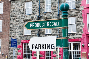 Conceptual hand writing showing Product Recall. Concept meaning Request by a company to return the product due to some issue Advertisement concept with empty copy space on the road sign