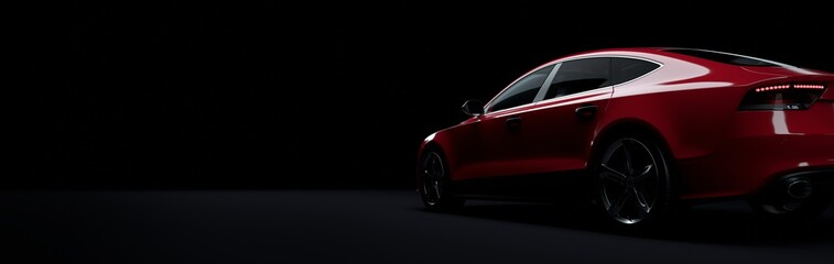 Red sports car on elegant dark background. - obrazy, fototapety, plakaty