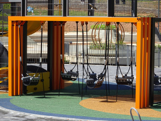 Public children playground with its component. Design with considering safety feature for kids. 