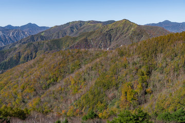 半月山の登りの登山道から見た皇海山と社山