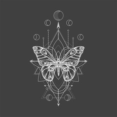 Vector illustration with hand drawn butterfly and Sacred geometric symbol on black background. Abstract mystic sign.