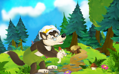 Cartoon fairy tale scene with wolf on the meadow - illustration for children