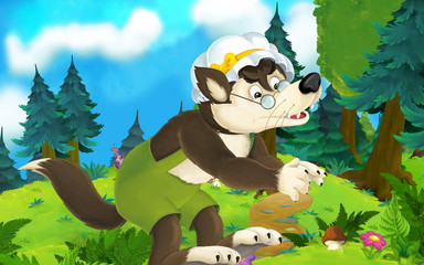 Obraz na płótnie Canvas Cartoon fairy tale scene with wolf on the meadow - illustration for children