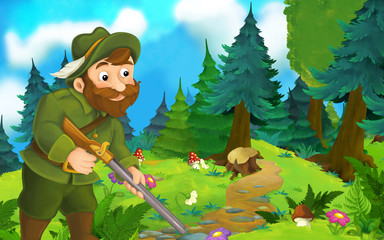 cartoon happy farm scene with cheerful smiling hunter in a beautiful day
