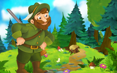 cartoon happy farm scene with cheerful smiling hunter in a beautiful day