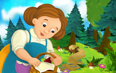Obraz na płótnie Canvas Cartoon scene on a happy woman walking through the forest - illustration for children