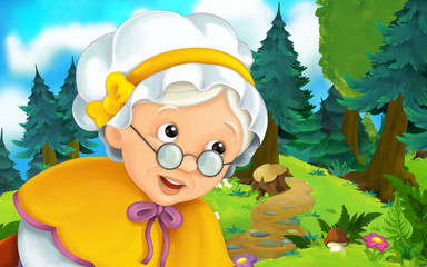 Cartoon scene on a happy older woman walking through the forest - illustration for children