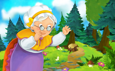 Cartoon scene on a happy woman walking through the forest - illustration for children