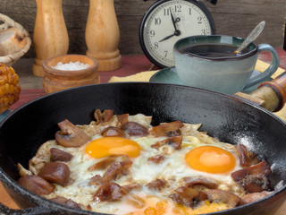 Fried eggs with mushrooms and bacon.Fried corn.On a black iron pan.On wooden background