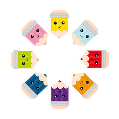 Set of kawaii school supplies. Childrens vector flat illustration of education. Back to school. cute cartoon characters - pencil.