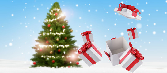 christmas presents and christmas tree blurred 3d-illustration