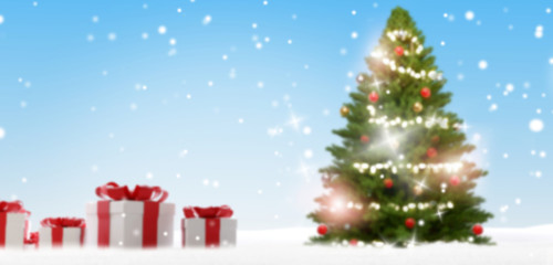 christmas tree and christmas presents in the snow 3d-illustration