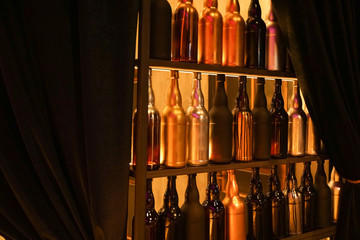 Set of wine bottles in the fashion city cafe with nobody