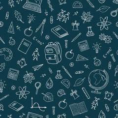  Back To School seamless Pattern Background.  Graphic by hand. Vector Pattern for wallpaper wrapping paper. Illustration  with modern line icons school supplies.