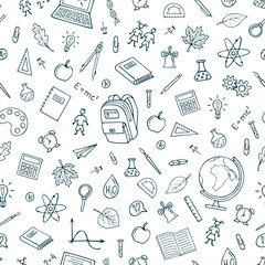  Back To School seamless Pattern Background.  Graphic by hand. Vector Pattern for wallpaper wrapping paper. Illustration  with modern line icons school supplies.