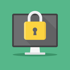 Lock computer, computer and padlock with a green background flat design vector illustration