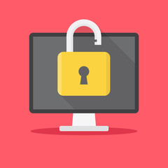 Unlock computer, computer and padlock with a red background flat design vector illustration