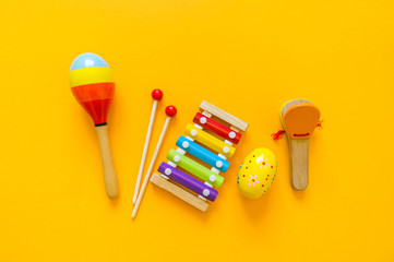 toys musical instruments to play with the child. Flat lay. Copy space