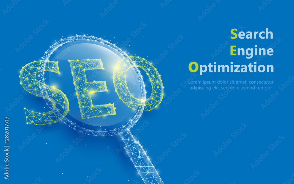 Poster magnifying glass with seo sign form lines and triangles, point connecting network on dark blue backg