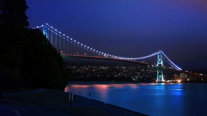 Beautiful Lions Gate bridge in night time near Vancouver, British Columbia