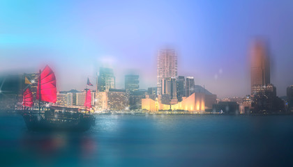 Obraz premium Abstract bokeh light with Hong Kong City night view background; Double Exposure