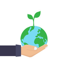 Green environment concept, hand, earth, plant, flat design vector illustration