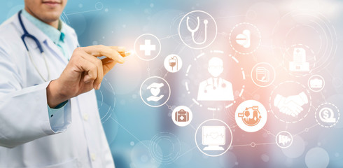 Health Insurance Concept - Doctor in hospital with health insurance related icon graphic interface...
