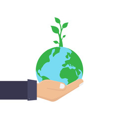 Green environment concept, hand, plant, save earth, flat design vector illustration