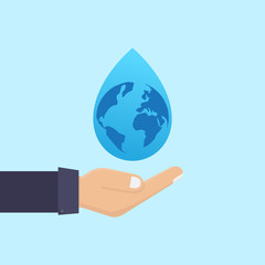 Save water concept, hand holding water and world map, flat design vector illustration