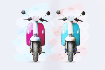 watercolour painting of pink and blue motorcycle on white paper.