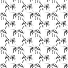 Watercolor monochrome olive branch seamless pattern on white background.