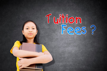 Female student with a question of tuition fees - obrazy, fototapety, plakaty