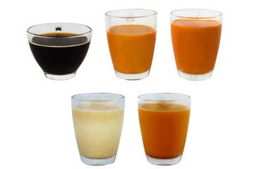 Collection of hot beverage in though sight glass with Hot Thai Tea, Natural Whole wheat grain. This is basic traditional drink for any afe or restaurant. Isolate on white with clipping path.