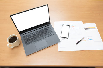 Office desk table and equipment as labtop, or business workplace, home office concept, small business.