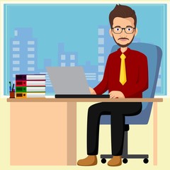 Handsome manager working with laptop in office illustration 