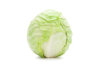 Whole green cabbage isolated on white background with clipping path.