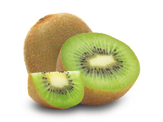 Ripe whole kiwi fruit and half and slice isolated on white background with clipping path