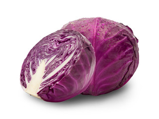 Whole red cabbage and half isolated on white background with clipping path.