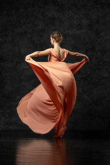 Ballerina. A young dancer dressed in a long peach dress, pointe shoes with ribbons. Performs a...