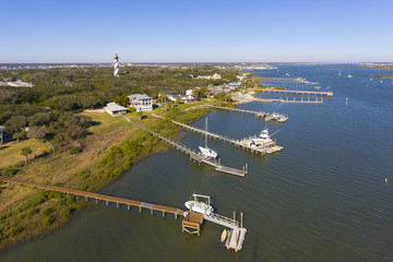 St. Augustine Lighthouse aerial view. This light is a National Historic Landmark on Anastasia Island in St. Augustine, Florida, USA.